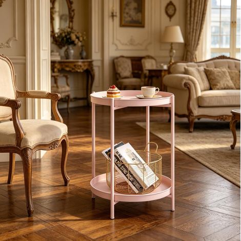 Mesa auxiliar redonda 44x44x53 cm rosa en metal con 2 bandejas extraíbles (1/5)