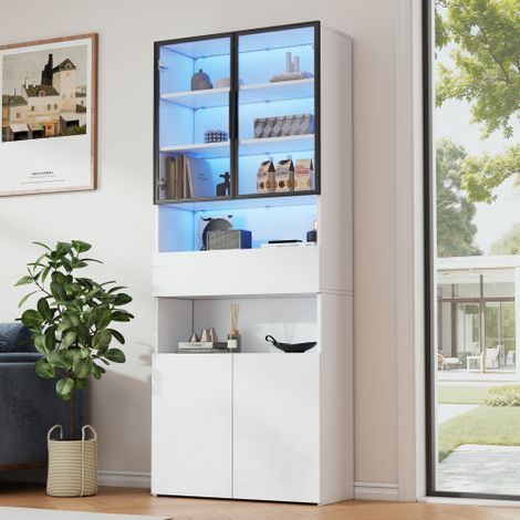 Vitrine moderne blanche avec éclairage LED, 2 portes, 1 tiroirs,Vitrine avec 3 étagères 70 x 30 x 200 cm (1/5)