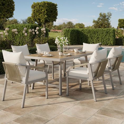 Garten-Essgruppe,Gartenmöbel-Set,Geeignet für 6 Personen, bestehend aus 1 Tisch und 6 Stühlen, verzinktem Stahlrohr, Tischplatte aus Kunststoffholz, geflochtenem Seildesign, Khaki + Beige