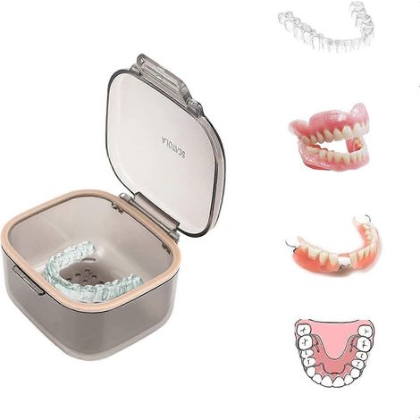 Boîte de rangement portable pour prothèses dentaires, avec panier et plateau de rangement pour aligneurs, protège-dents et appareils orthodontiques (Gris) (1/5)