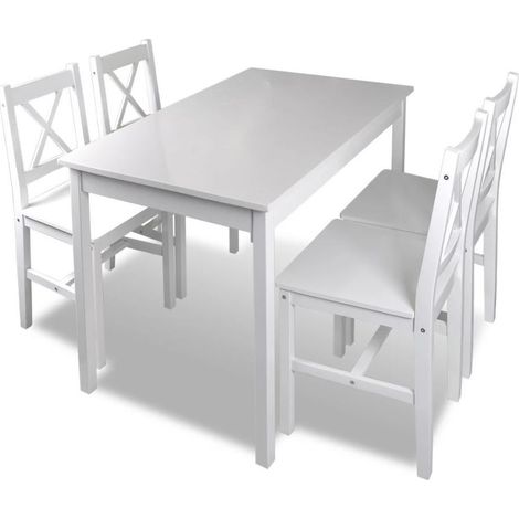 Table de séjour et 4 chaises pin massif laqué blanc Dina (1/5)
