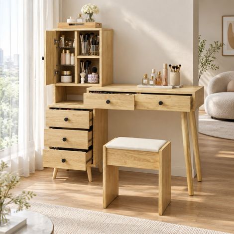 Toeletta con specchio ribaltabile, 5 cassetti, contenitore e sgabello beige DESVIAE (1/5)