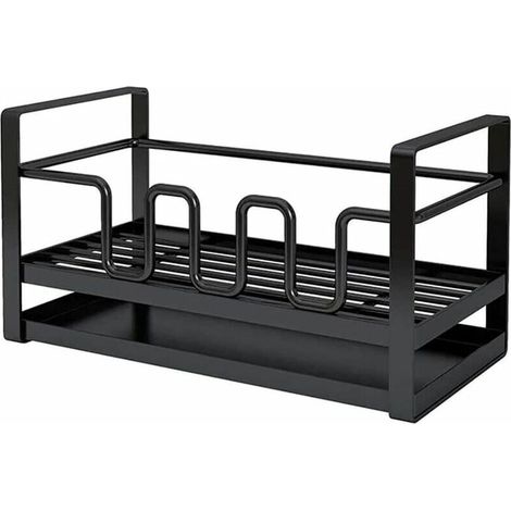 Organisateur de rangement pour évier de cuisine, porte-éponge, rangement pour brosses de nettoyage, porte-savon, égouttoir avec bac de récupération, multifonctionnel, noir (1/5)