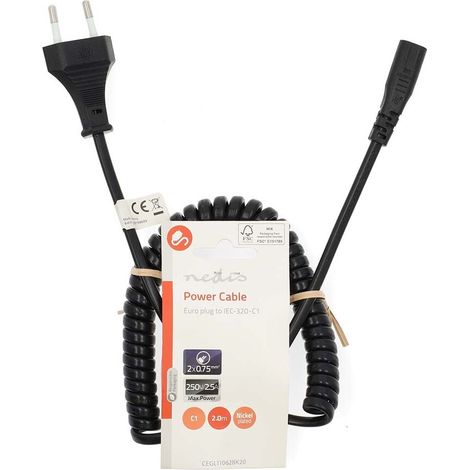 Nedis Stromkabel / Euro Männlich / IEC-320-C1 / Gerade / Gerade / Vernickelt / 2.00 m / Aufgerollt / PVC / Schwarz / Label