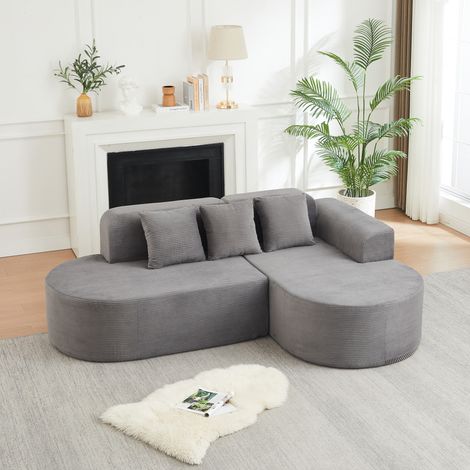 Sofá en L moderno, con chaise longue curvada y reposabrazos curvados, de corduroy gris (1/5)