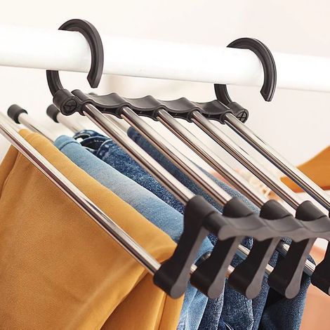 Cintres en acier inoxydable pour la maison, porte-pantalons multifonctionnel pliable et rétractable, noir (1/5)