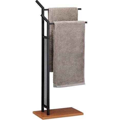 Relaxdays – Porte-serviettes sur pied 2 barres fer aspect bois – Dimensions 88 x 40 x 20 cm – Charge max. 2 kg – Design noir élégant
