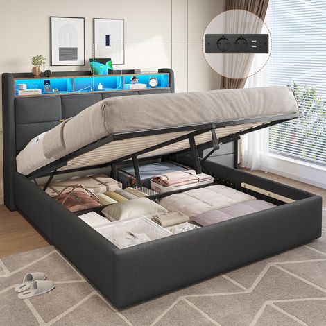 Lit Coffre 160x200 avec Lumières LED et Prise,Lit 160x200 avec Sommier à Lattes et Rangement Hydraulique,lits 2 Personnes en Lin avec Rangement Tête de lit,lits 2 Places,Gris Foncé-sans Matelas (1/5)