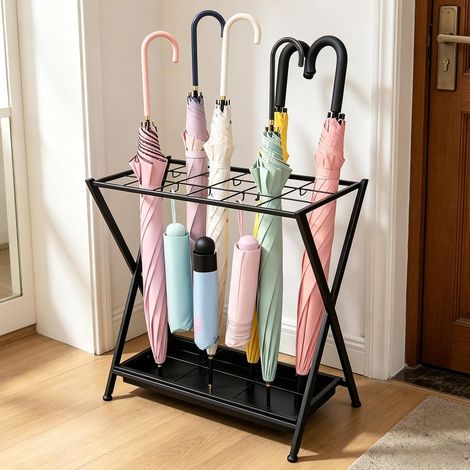 Porte-parapluie pour couloir avec 18 trous et 10 crochets, support de parapluie en fer avec plateau d'égouttement amovible et pieds réglables, support rectangulaire pour canne de marche, pour entrée (1/5)