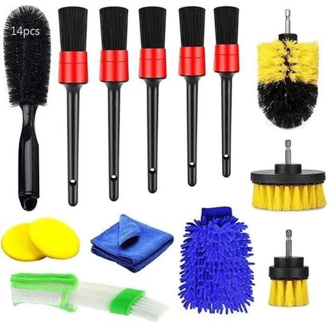 Lot de Brosse Nettoyage Voiture Professionnel, Kit Pinceaux Brosse de Jantes pour Extérieur Interieur de Véhicule (14 pièce) (1/4)