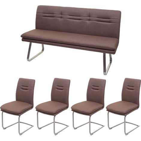 Set panca con 4x sedie a slitta sala pranzo soggiorno cucina HHG-930 tessuto acciaio inox, marrone 160cm