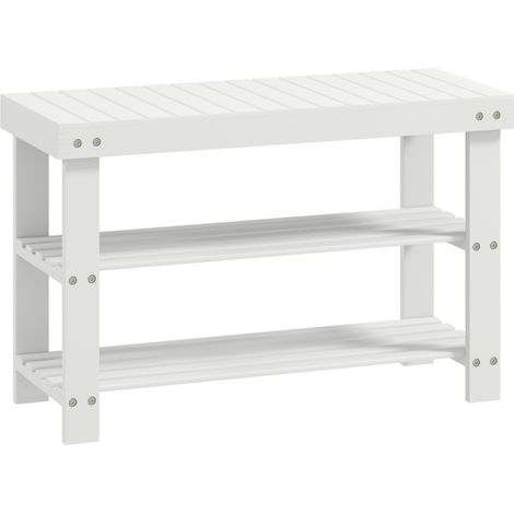 Pour Entrée et Couloir Rangez et Asseyez-vous Facilement Banc Meuble Chaussures en Bambou 2 Niveaux Blanc 70cm (1/5)
