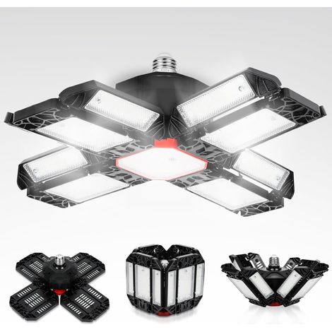 200W Éclairage LED Garage, 20000LM 6500K Plafonnier déformable avec 12 Panneaux Réglables, Plafonnier d'atelier à LED E26/E27 Plafonnier Garage pour cave Magasin Atelier Entrepôt
