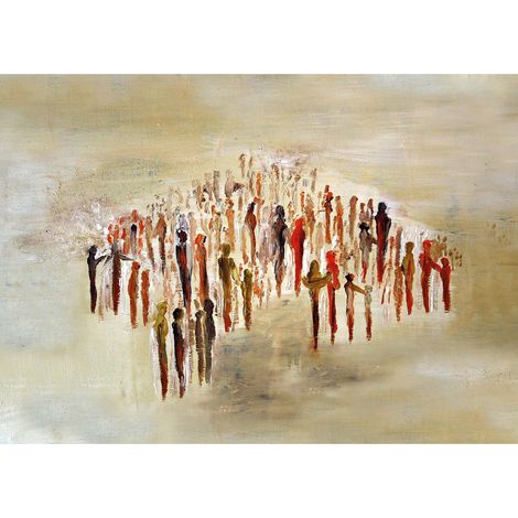 Tableau abstrait marron rouge & jaune | Tableau avec groupe de personne pour salon moderne | Tableau sur toile couloir et chambre - 0,7 x 0,5 m