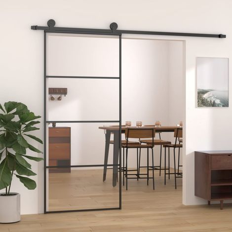 vidaXL Porte coulissante Aluminium et verre ESG 90x205 cm Noir (1/5)