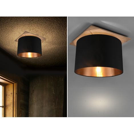 Deckenleuchte mit Stoff Lampenschirm in Schwarz/Gold und Holz Sockel, Ø 40cm (1/5)