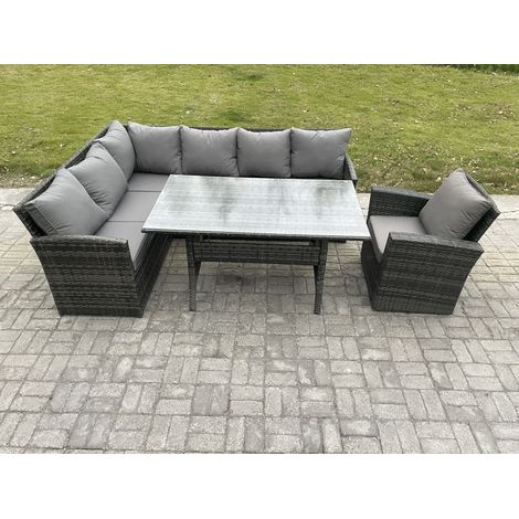 Fimous Outdoor Rattan Garden Furniture Corner Sofa Set with Rectangular Dining Table Armchair Patio Wicker Rattan Set Dark Grey Mixed