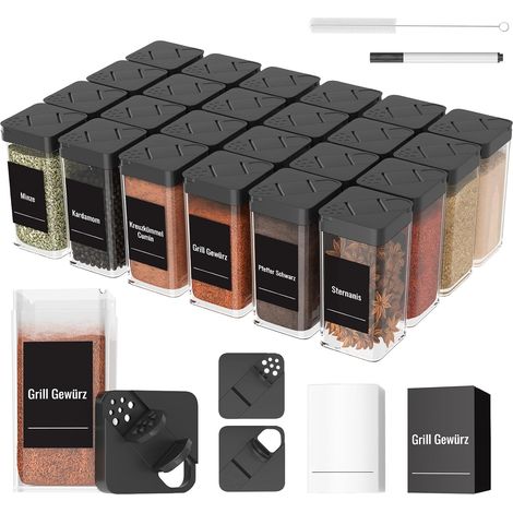 pots à épices carrés avec couvercle, en plastique solide, hermétique, saupoudreur, étiquettes, organisateur noirs (1/5)
