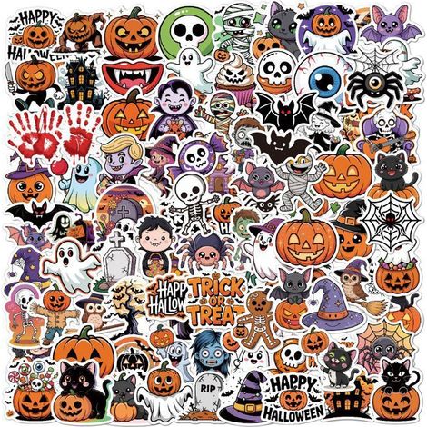 VITATA Stickers Halloween 100pcs – Autocollants Vinyle Étanches Citrouille Fantôme Chat Noir Décoration Fête Mult KIT DE DECORATION (1/5)