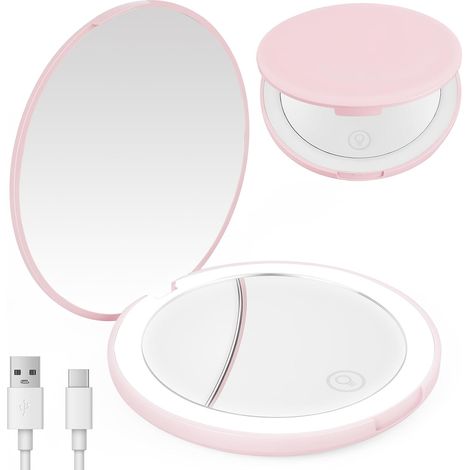 Miroir de Maquillage de Voyage éclairé par LED - Grossissant 1x / 10x, Double Face LED Miroir de Poche Lumineux Compact et Portable pour Voyage Petit Miroirs Portable de Maquillage（Rose） (1/5)