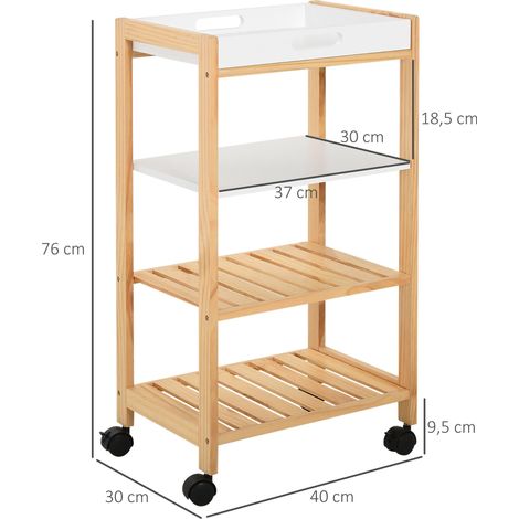 Chariot de service desserte de cuisine à roulettes 3 étagères + plateau amovible bois de pin MDF blanc (1/5)