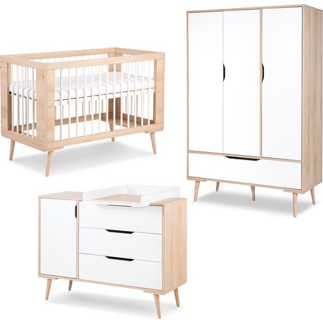 Chambre complète lit bébé - commode à langer - armoire 3 portes LittleSky by Klups Sofie Hêtre et blanc