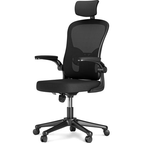 Office Chair with Back Support, Bigzzia High Back Ergonomic Computer Chair with 90° Flip-Up Armrest, Adjustable Headrest, Swivel Mesh Chair for Home and Office Use