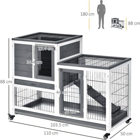 Cage à lapin en bois (avec roulettes, bac amovible et rampe), 110 x 50 x 88 cm, grise et blanche (1/5)
