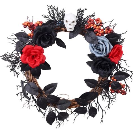 Couronne d'Halloween noire, guirlande gothique avec crâne, décoration pour porte d'entrée (1/5)