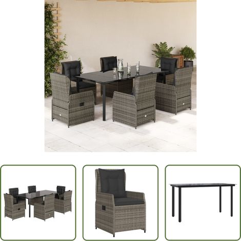 vidaXL Gartensessel - 7-tlg. Garten-Essgruppe mit Kissen Grau Poly Rattan (1/5)
