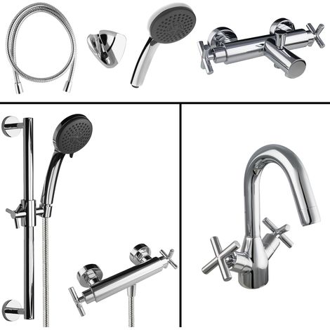 PaulGurkes Kreuzgriff Set Wanne Dusche Waschtisch Metallschlauch Wasserhahn (1/5)