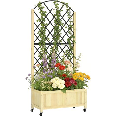 Outsunny Garden Bed w/Metal Trellis, Wooden Elevated Planter Box, Natural