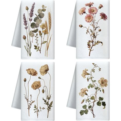 Set de 4 Torchon de Cuisine Décoratifs, Fleur Vintage, Microfibre Douce et Absorbante, Torchons pour Vaisselle, Cuisine, Thé, Café, Bar, Maison, Cadeau pour Crémaillère (1/5)