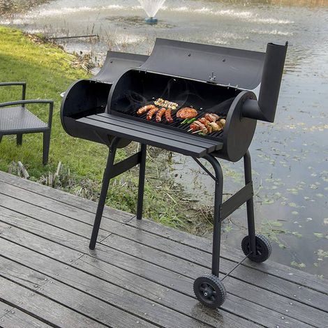 WOLTU Holzkohlegrillwagen mit 2 Kammern &Transporträdern, schwarz (1/4)