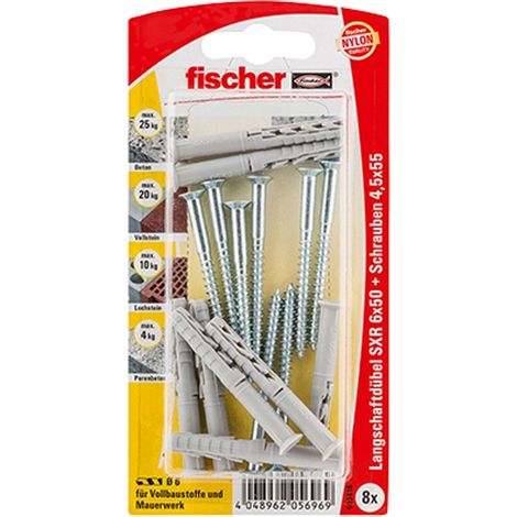 Fischer 8x Taco de eje largo SXR 6x50 Z Tornillo avellanado (PZ) - 503416