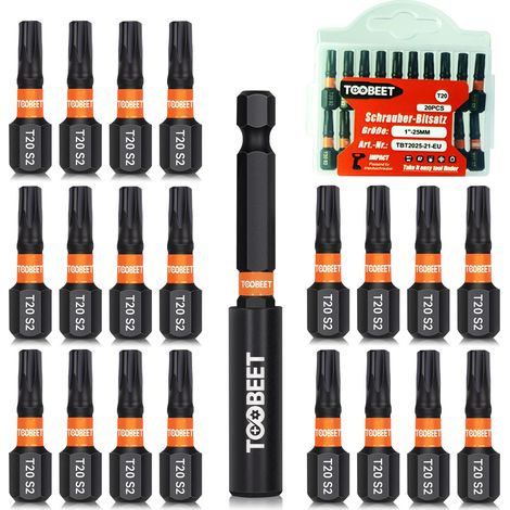 Jeu de 21 Embouts de Vissage Torx T20 25 mm, Acier S2, Embouts Magnétiques pour Visseuse à Choc, avec Porte-embout et Boîte (1/5)