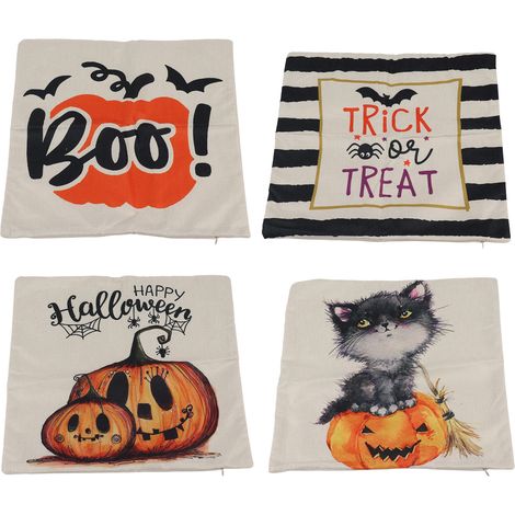 4 Housses de Coussin Halloween 45x45cm Citrouille Visage Araignée Chauve-souris Château Fermeture Éclair Lin Taies pour Canapé Maison (1/5)