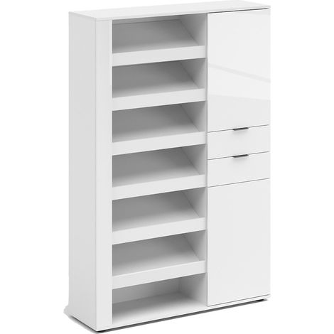Zapatero Redondo, Mueble para Zapatos 8 Estantes, 2 Cajones Hecho en Italia, 28 Pares, 120x35x178h cm Blanco Brillante