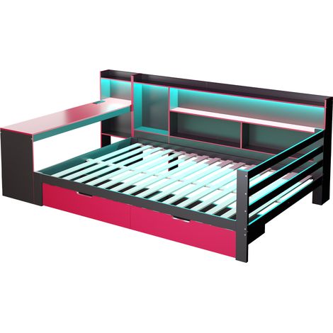 Lit canapé en bois 140 x 200 cm, avec bureau, bibliothèque, compartiments de rangement et étagères, éclairage intégré et prises, tiroirs, lit multifonction en bois, noir + rouge (1/5)