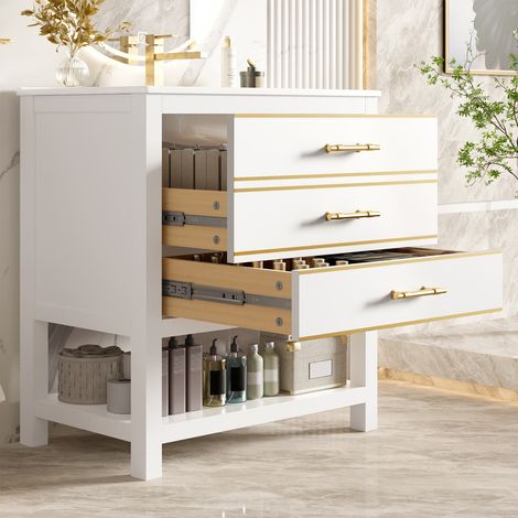 Meuble sous vasque avec vasque en céramique, meuble de salle de bain autoportant – 2 tiroirs et compartiment ouvert – MDF laqué, poignées dorées – Sans robinet ni bonde