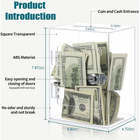Large, sturdy, and modern clear acrylic money box – ideal for children and adults, with a coin compartment and key ring