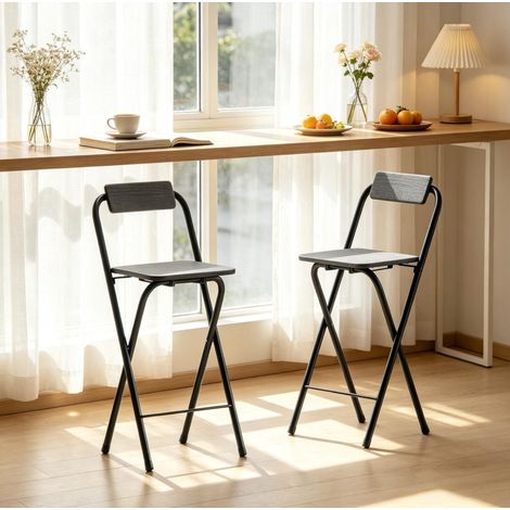 Set de 2 taburetes de bar plegables con respaldo y reposapiés de MDF y acero, 87 cm, negros OKWISH (1/5)