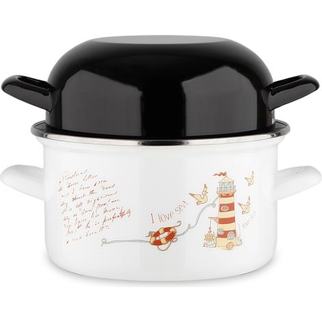 Marmite a moule BAUMALU 20 cm - Décor phares - Couvercle noir - Blanc (1/2)