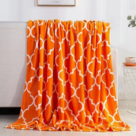 Plaid - Velours Microfibre Imprimé Noël - 127 x 152 cm - Motif Quatrefoil Orange - Pour Canapé Lit ou Cadeau (1/5)