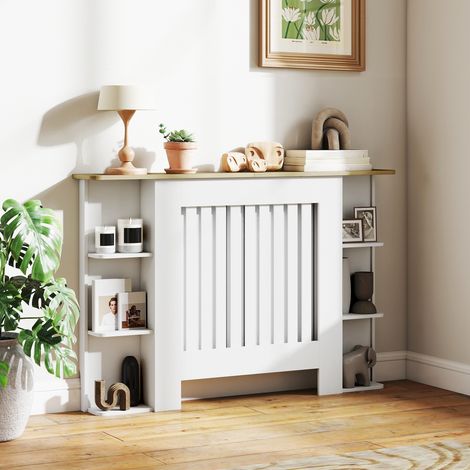 Cache-radiateur étagères rangement ouvertes, couvercle bois lattes 124x19x83 cm blanc. Cache-radiateur avec rangement pour vos livres et objets, fonctionnel et design. (1/5)