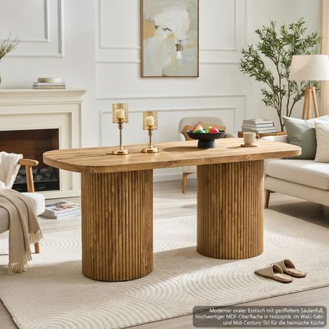 Table à manger ovale, dotée de pieds cylindriques rainurés, avec un plateau en MDF imitation bois de haute qualité, Couleur naturelle (1/5)
