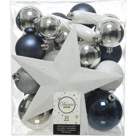 Adornos decoración árbol navidad, azul, blanco y plata, caja 33 piezas (1/2)