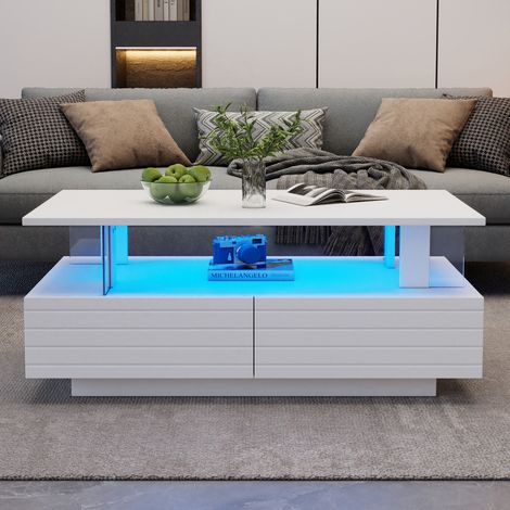 Table basse LED blanche rectangulaire double couche avec rangement et Bluetooth. Adaptée au salon,chambre,bureaux et événements festifs. (1/5)