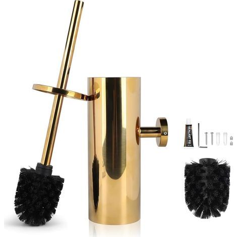 Brosse Toilettes WC Mural Gold, Suspendu Balai INOX, Toilette WC avec 1 Têtes de Brosses, Balayette WC Kit et Supports sans Perçage, Porte Brosse WC, Nettoyage Salle de Bain Accessoire (1/5)