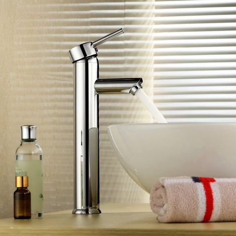 Robinet de Lavabo avec Bec Haut, Robinet Mitigeur pour Lavabo Mitigeur de Vasques sur Table Robinet Salle de Bain en Laiton Chromé Mitigeur (1/5)